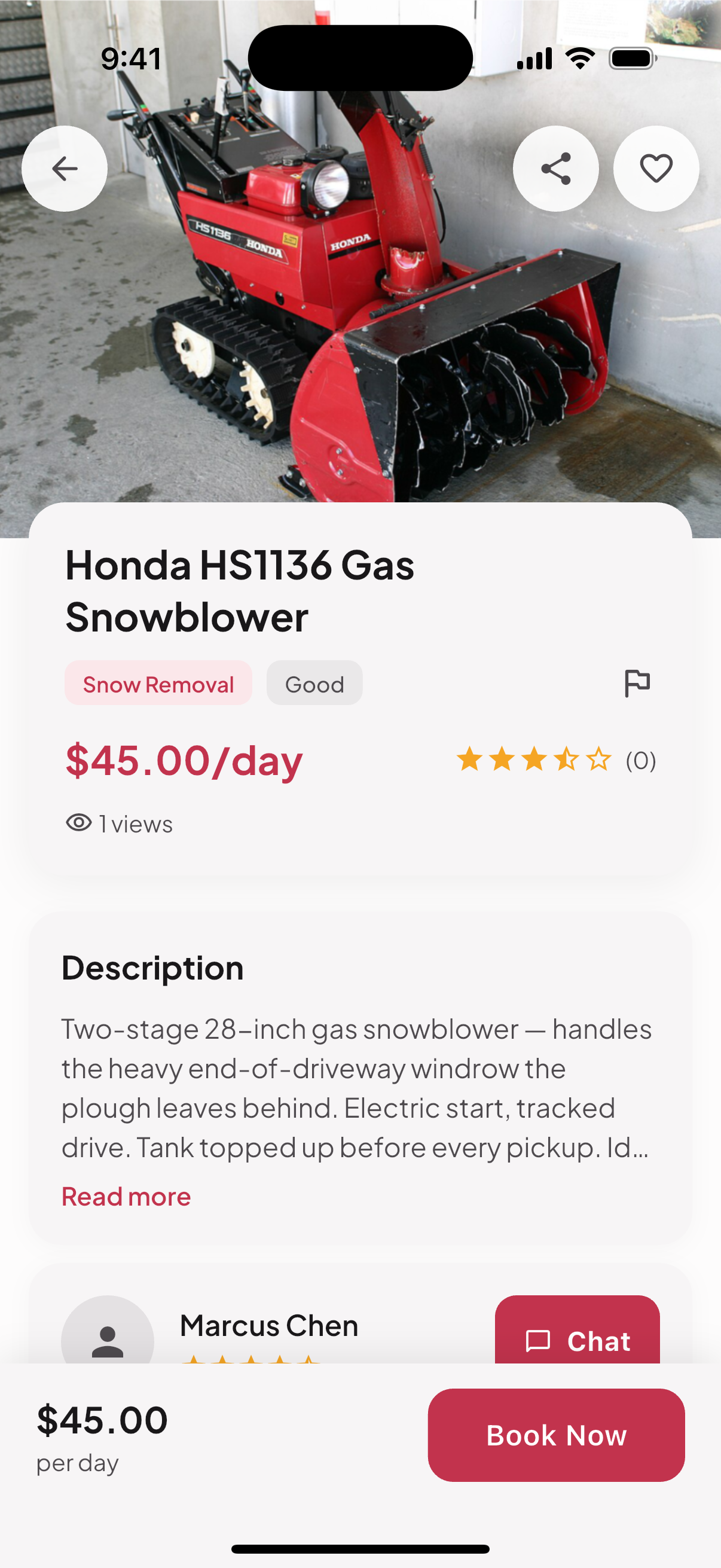 A listing for a snowblower at forty-five dollars a day, with photos and a map of the pickup area.